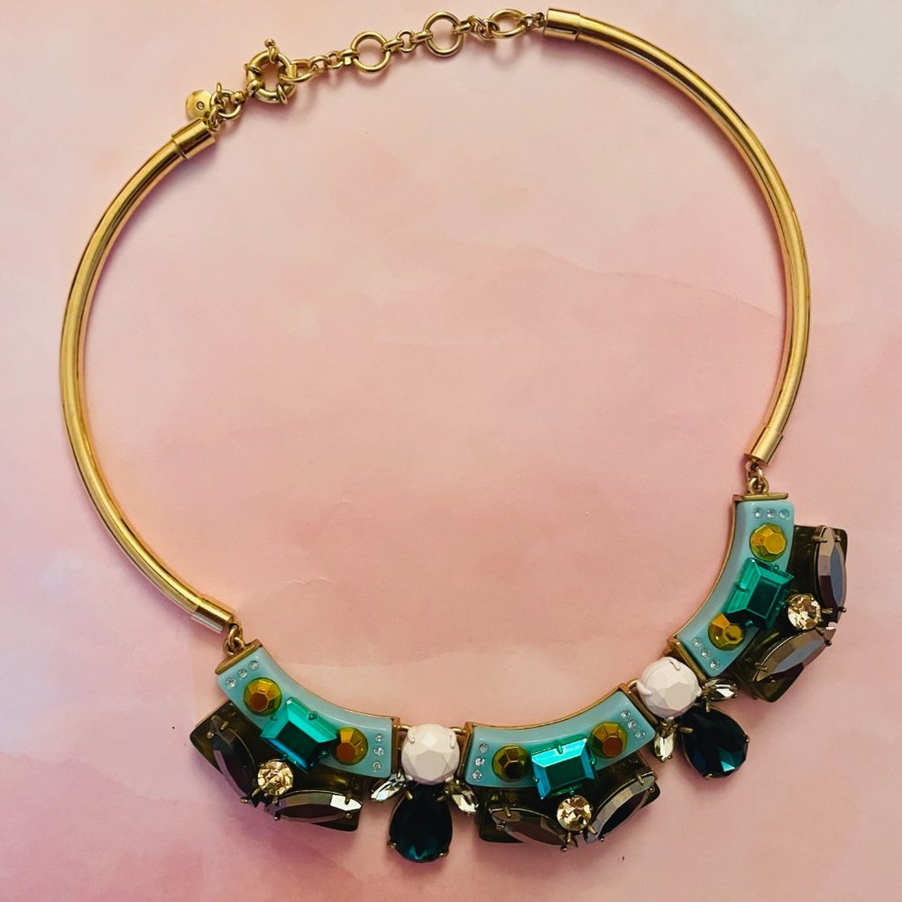 J.Crew Gold Navy Teal Crystal Statement Metallic Deco Necklace Costume Jewelry